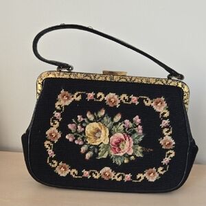 Vintage Petit Point Needlework Purse In Black